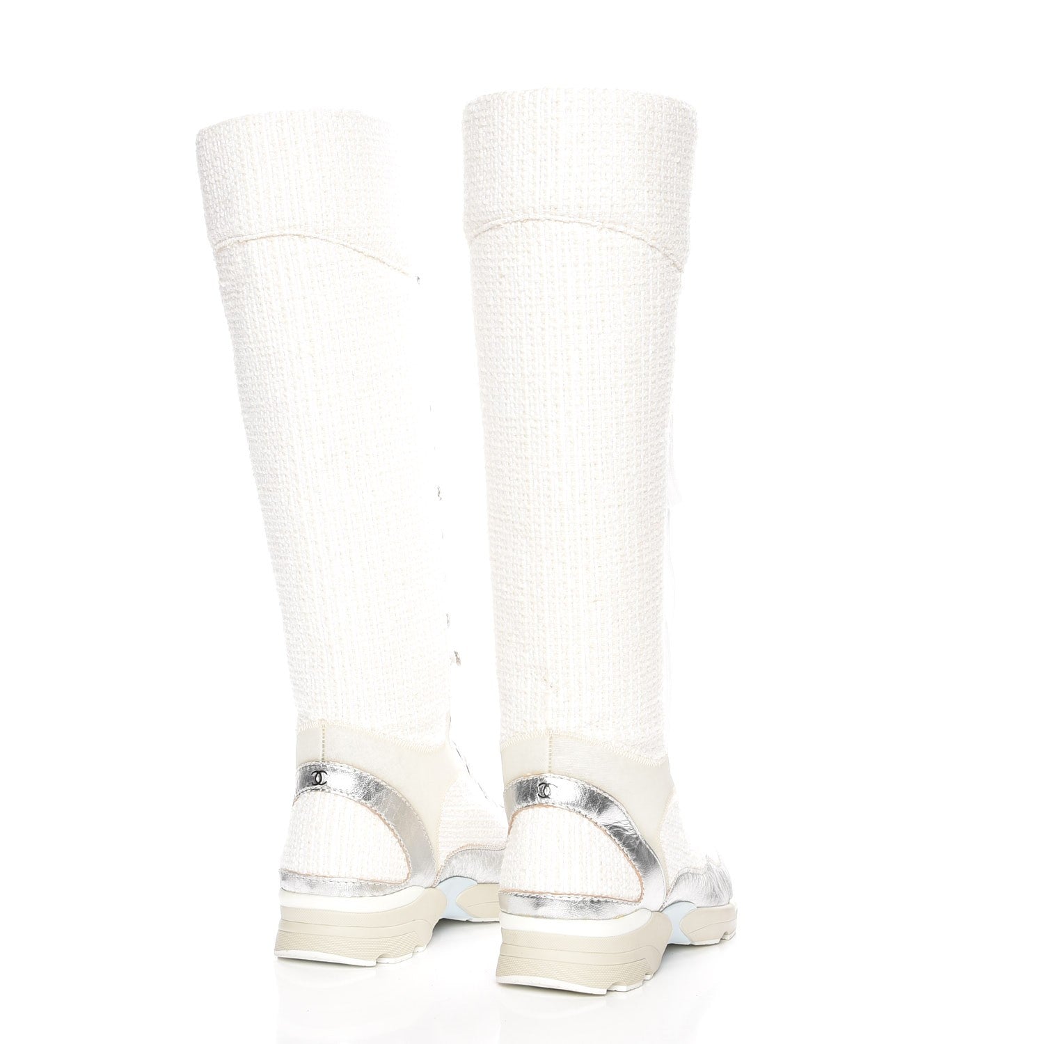 Chanel Tweed Suede Calfskin Sneaker High Boots 38 White Silver 3 of 6