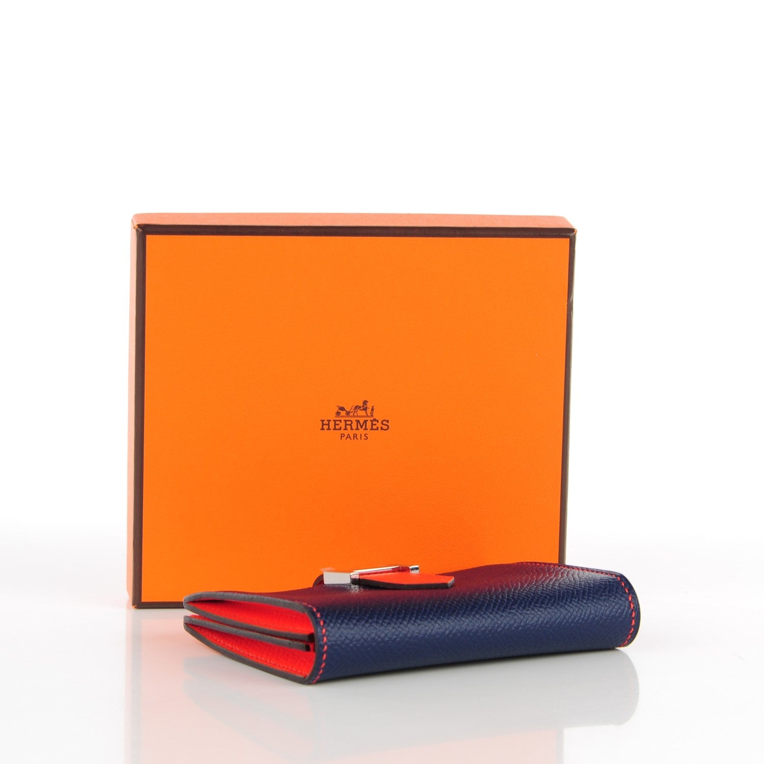 Hermes Epsom Bi Color Bearn Card Holder Wallet Bleu Saphir Orange Poppy 4 of 7