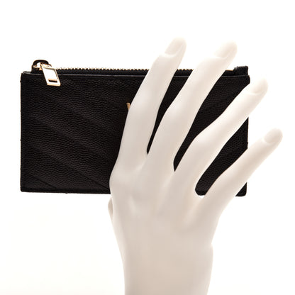 Saint Laurent Grain De Poudre Matelasse Chevron Monogram Fragments Zippered Card Case Black 2 of 7