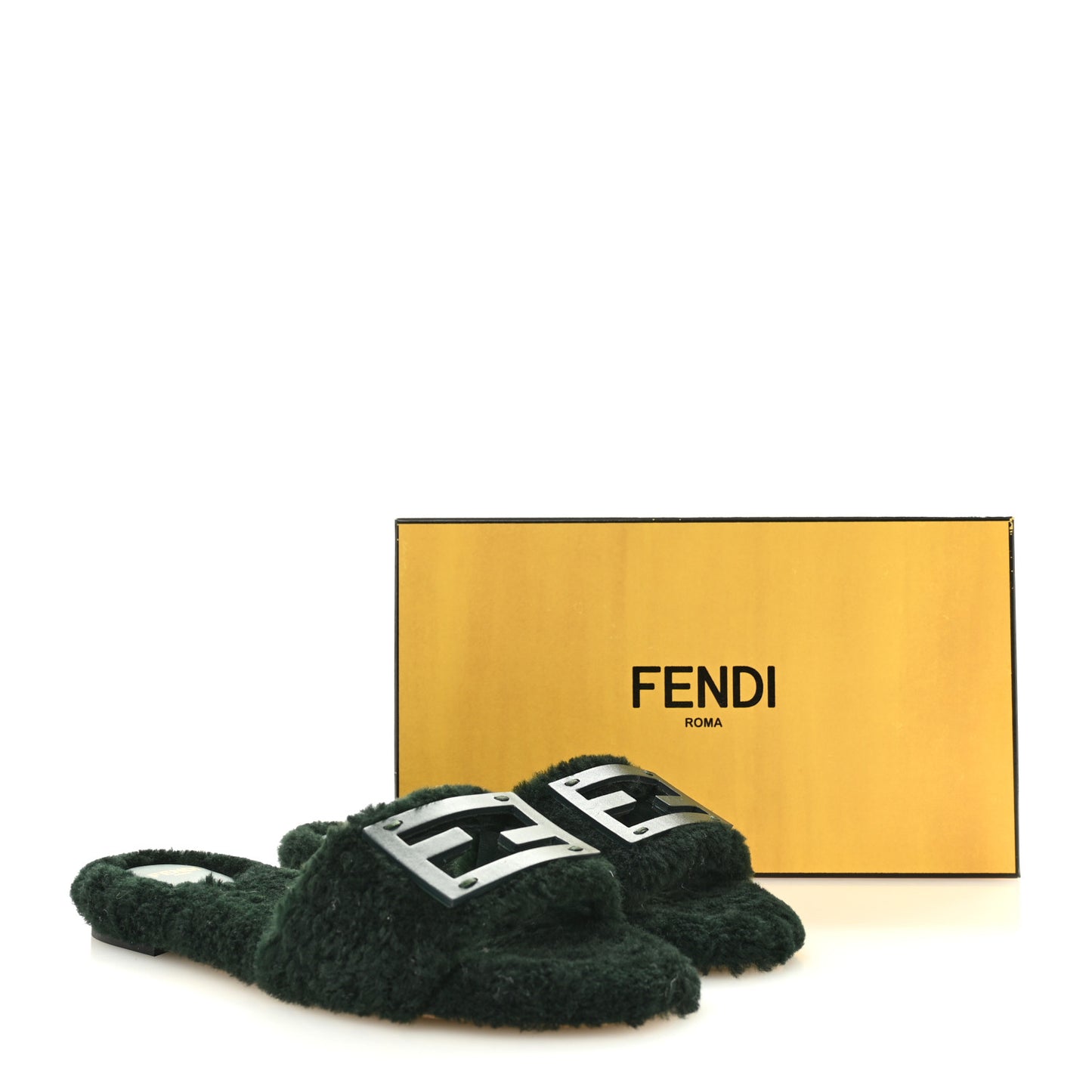 Shearling FF Baguette Slide Sandals 40 Salvia