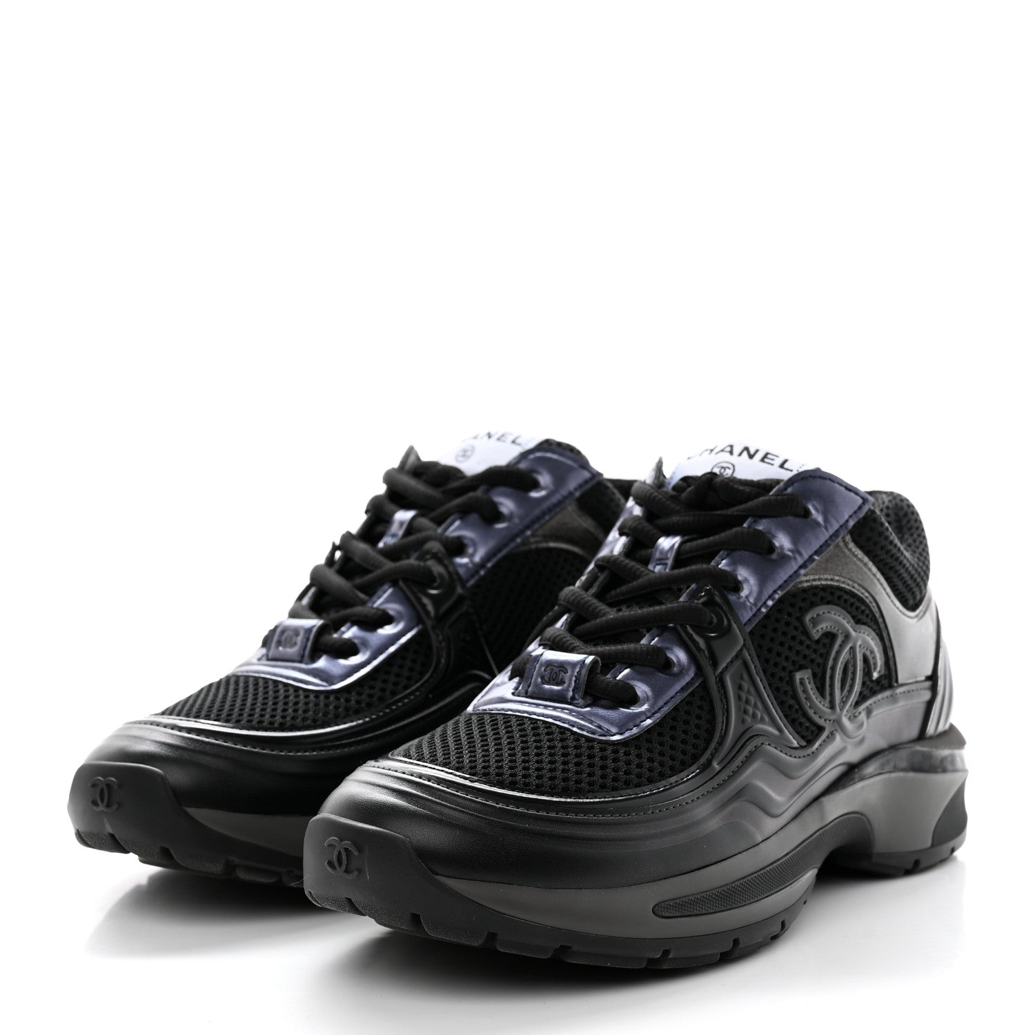 Chanel Fabric Laminated Calfskin Stretch CC Womens Sneakers 37 Black 3 of 8