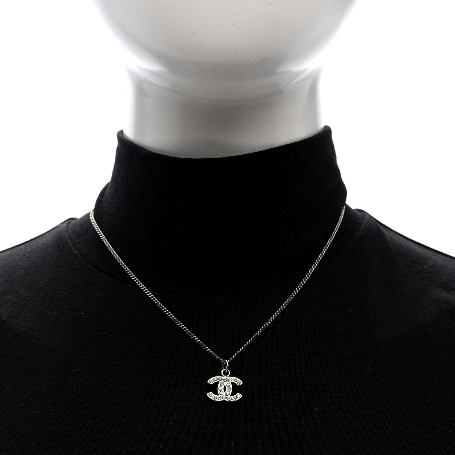 Chanel Crystal CC Pendant Necklace Silver 2 of 5