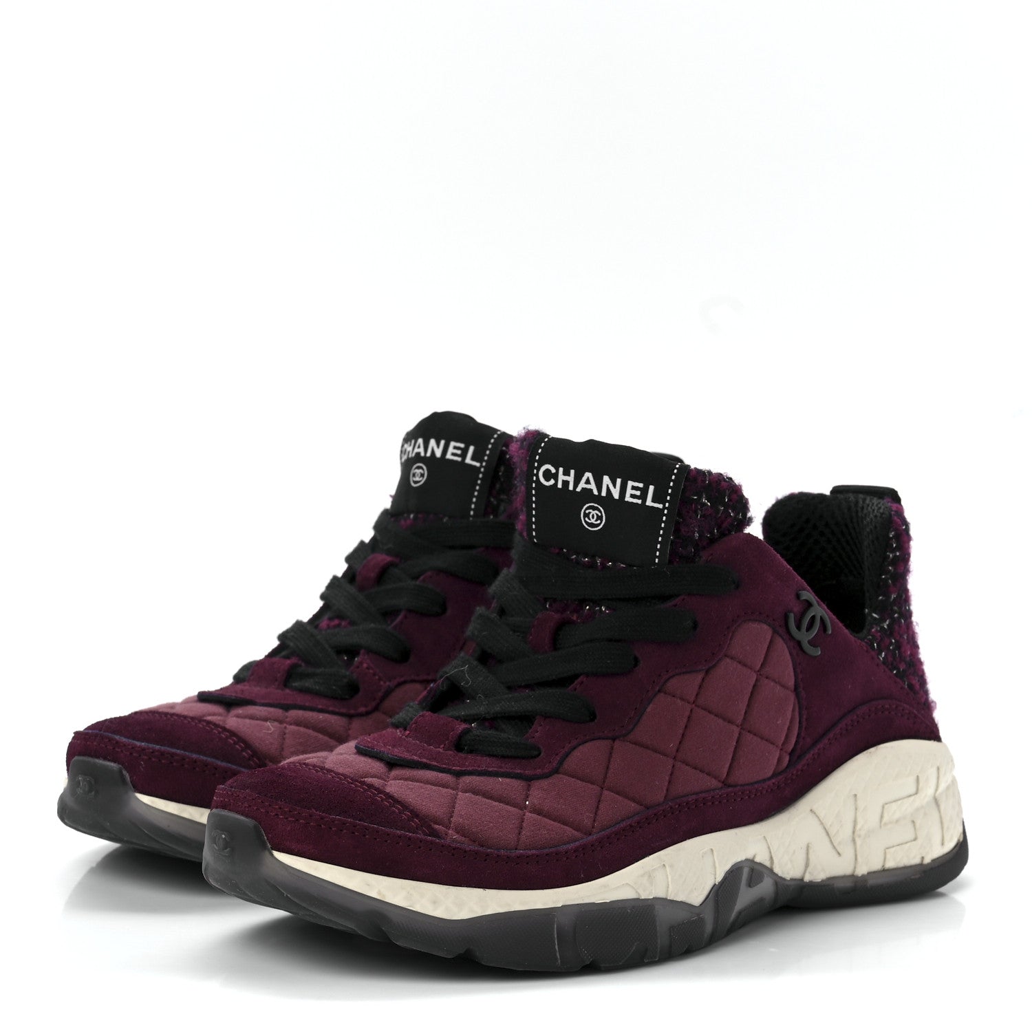 Chanel Tweed Suede Calfskin Grained Calfskin Womens CC Sneakers 35.5 Burgundy Black Silver 3 of 8