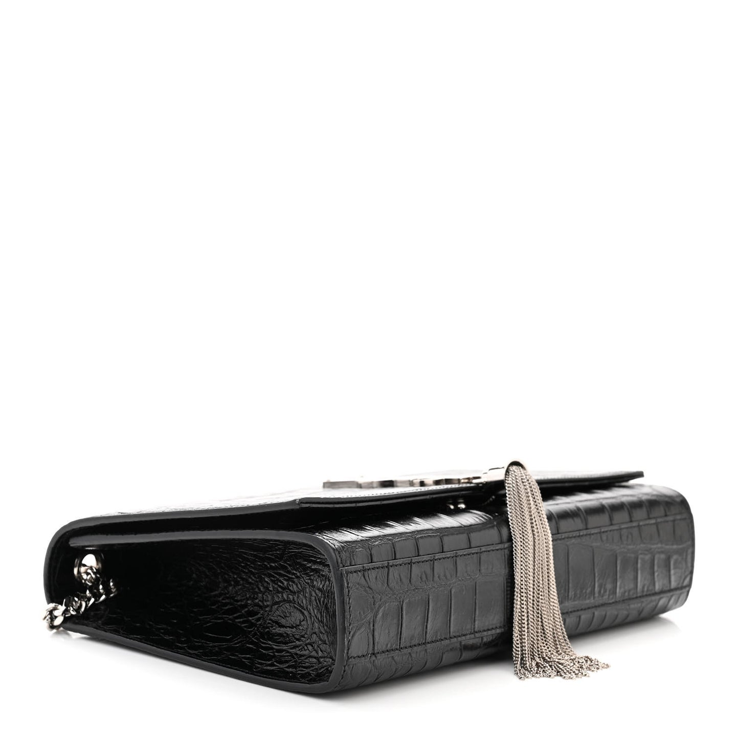 Calfskin Crocodile Embossed Medium Classic Monogram Kate Tassel Satchel Black
