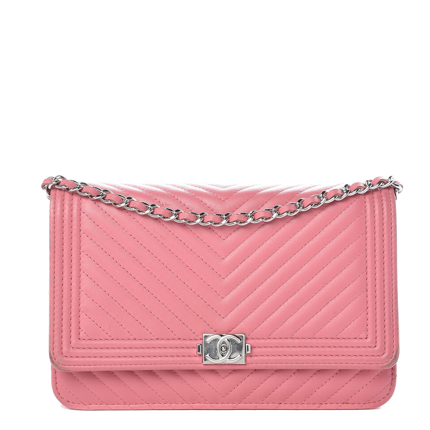 Calfskin Chevron Quilted Boy Wallet On Chain WOC Pink