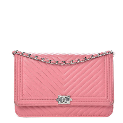 Chanel Calfskin Chevron Quilted Boy Wallet On Chain WOC Pink 1 of 13