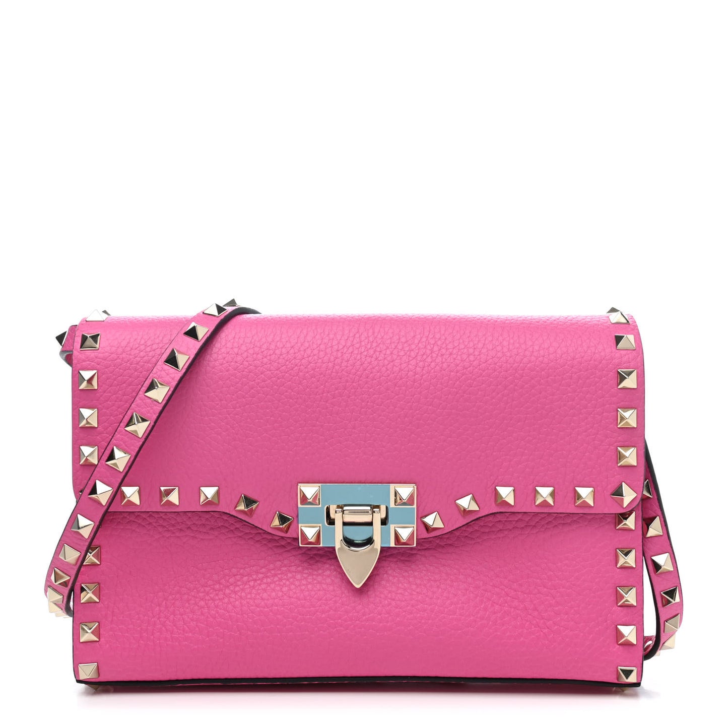 Pebbled Calfskin Medium Rockstud Flip Lock Crossbody Bag Pink Orchid