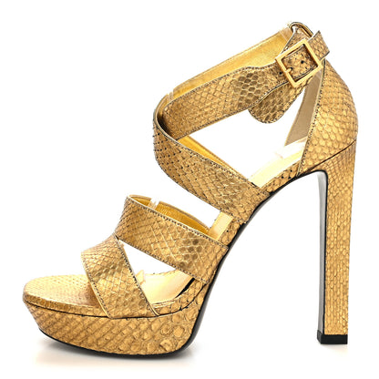 Saint Laurent Calfskin Snakeskin Effect Cosmo Lame Platform Sandals 38 Gold 1 of 11