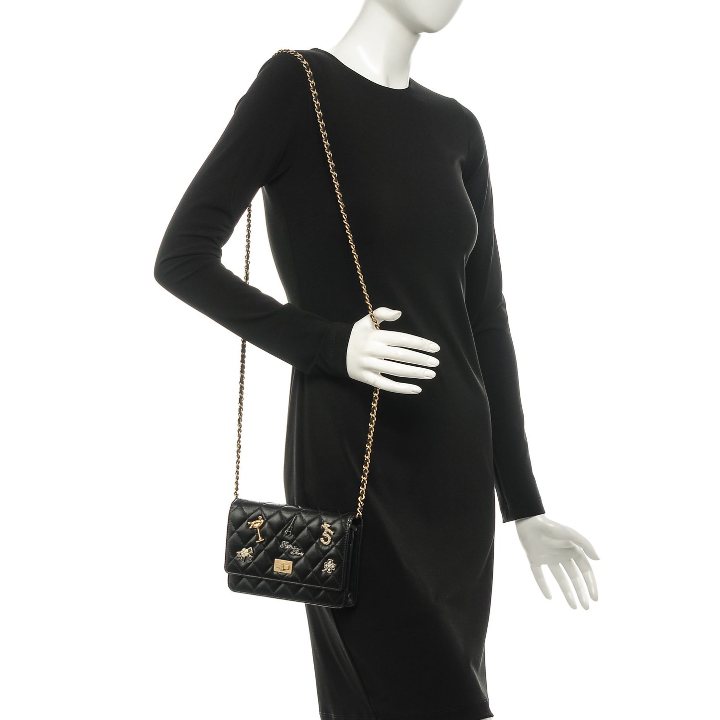 Aged Calfskin Quilted Lucky Charms 2.55 Reissue Wallet On Chain WOC Black