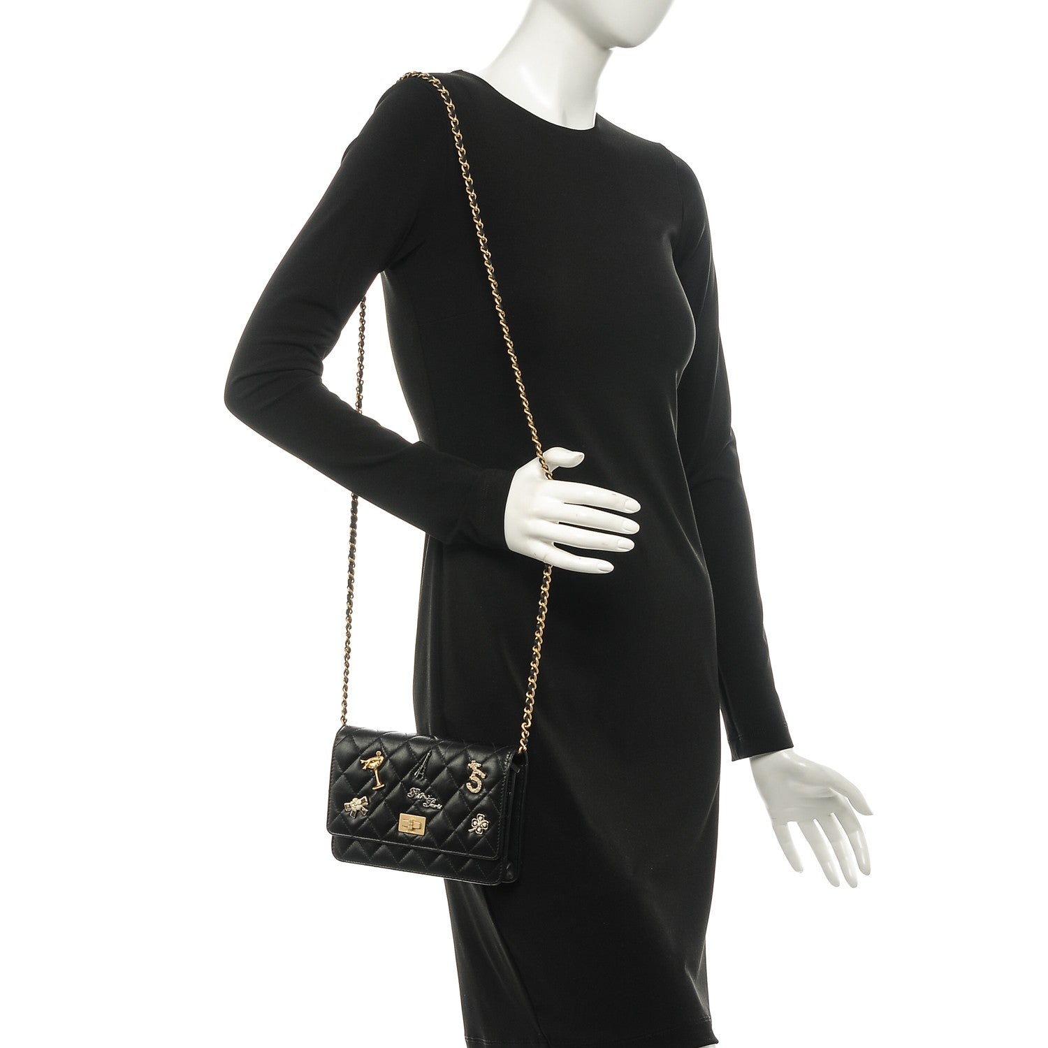 Chanel Aged Calfskin Quilted Lucky Charms 2.55 Reissue Wallet On Chain WOC Black 2 of 9