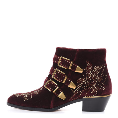 Chloe Velvet Studded Susanna Ankle Boots 41 Bordeaux 1 of 6