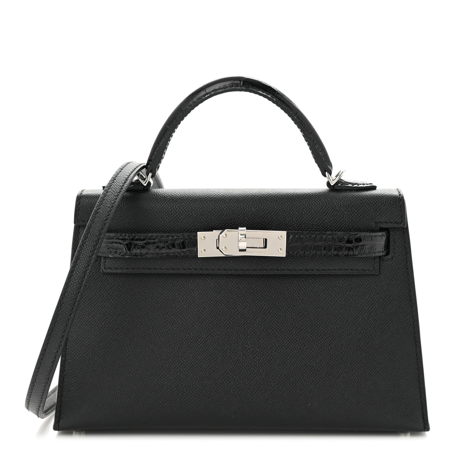 Hermes Madame Calfskin Shiny Alligator Mini Kelly Sellier Touch 20 Black 1 of 11