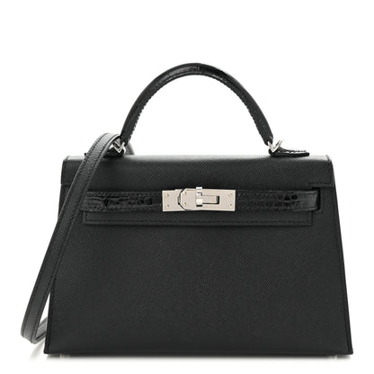 Hermes Madame Calfskin Shiny Alligator Mini Kelly Sellier Touch 20 Black 1 of 11