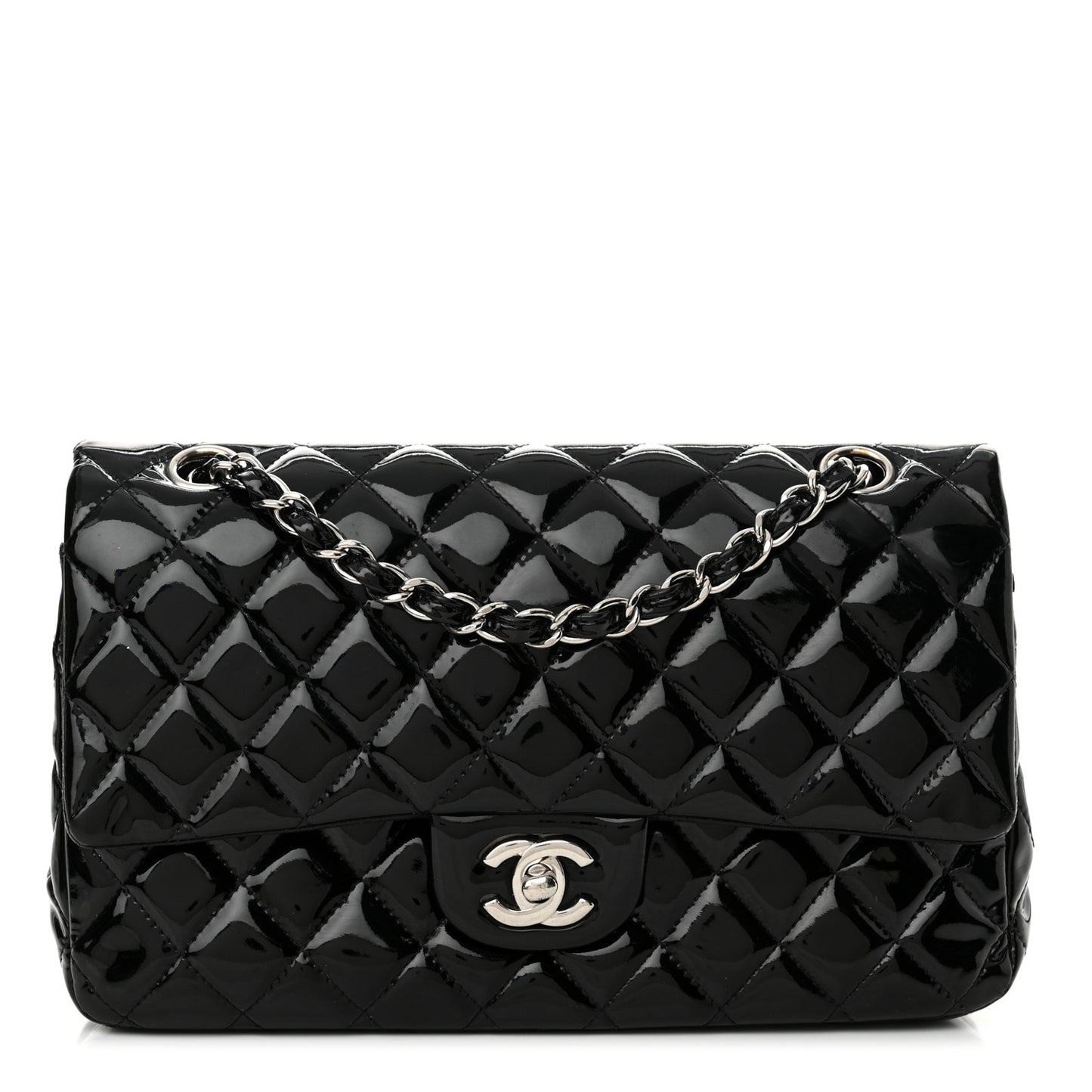 Patent Quilted Medium Double Flap Black