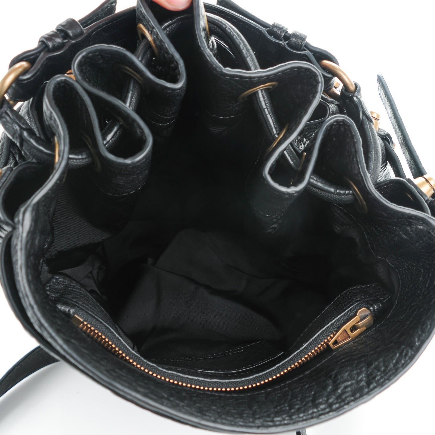 Pebbled Lambskin Diego Bucket Bag Black Antique Brass Hardware