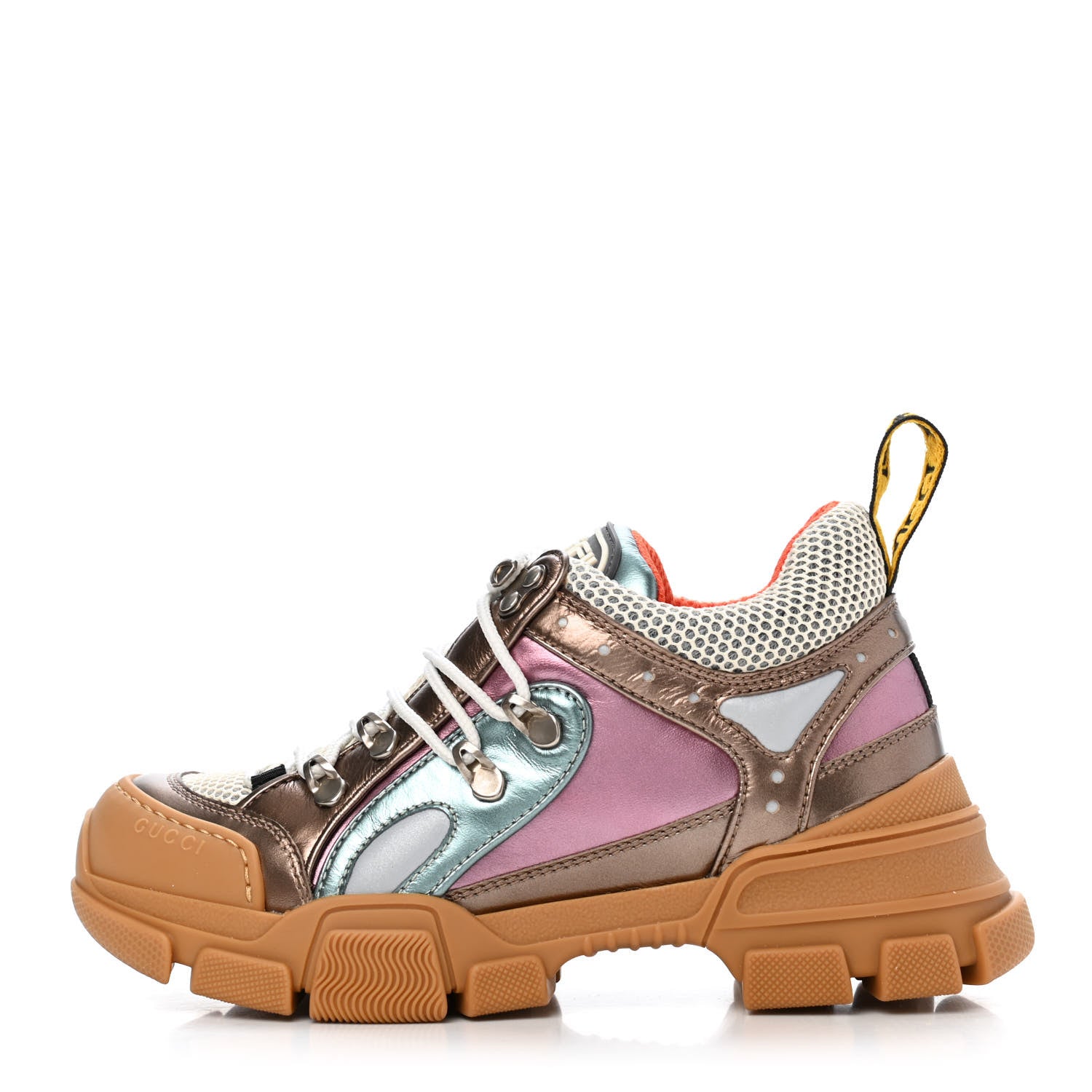 Gucci X SEGA Metallic Calfskin Mesh Womens Flashtrek Sneakers 36.5 Rame Mystic White Lago 1 of 4