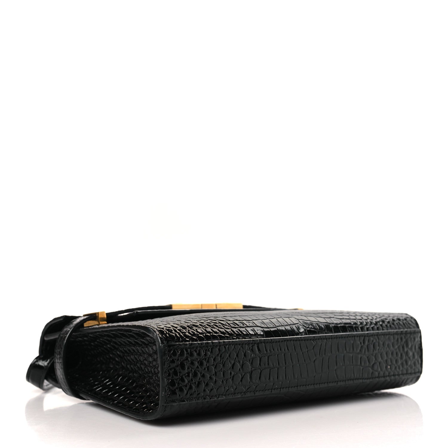 Saint Laurent Shiny Calfskin Crocodile Embossed Small Manhattan Baguette Black 4 of 9