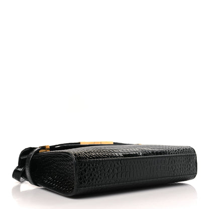 Saint Laurent Shiny Calfskin Crocodile Embossed Small Manhattan Baguette Black 4 of 9