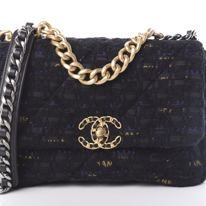 Chanel Tweed Quilted Medium 19 Flap Black Navy Gold 8 of 10