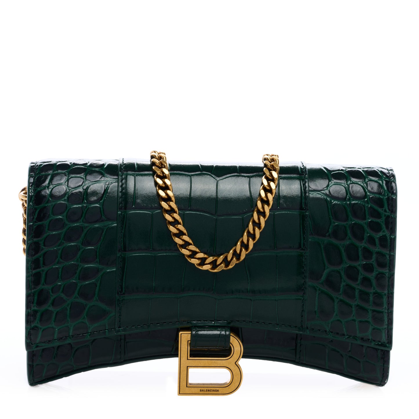 Shiny Calfskin Crocodile Embossed Hourglass Chain Bag Forest Green