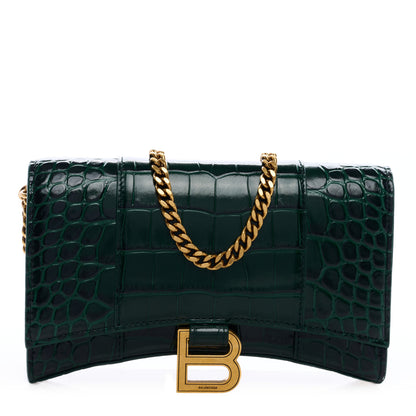 Balenciaga Shiny Calfskin Crocodile Embossed Hourglass Chain Bag Forest Green 1 of 8