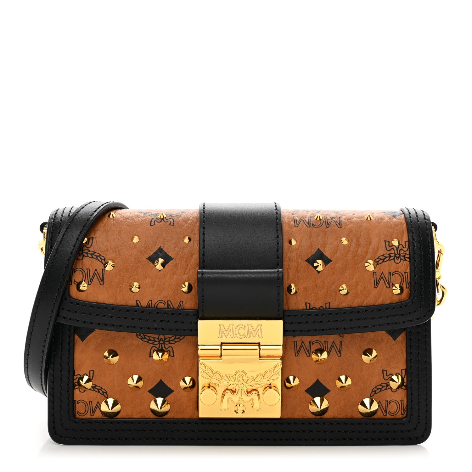 MCM Visetos Monogram Studded Mini Tracy Crossbody Bag Cognac 1 of 10