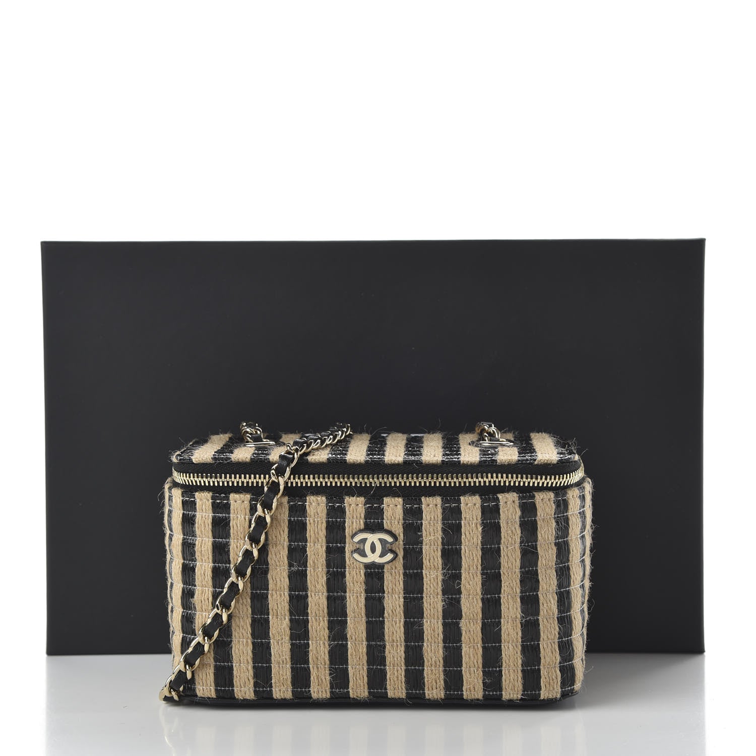 Chanel Raffia Jute Striped Small Vanity Case With Chain Black Beige 11 of 11