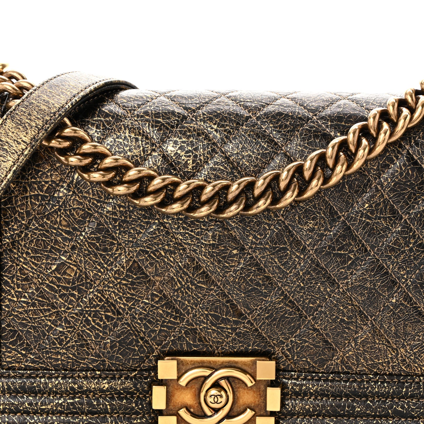 Cracked Metallic Calfskin Quilted Medium Boy Flap Gold