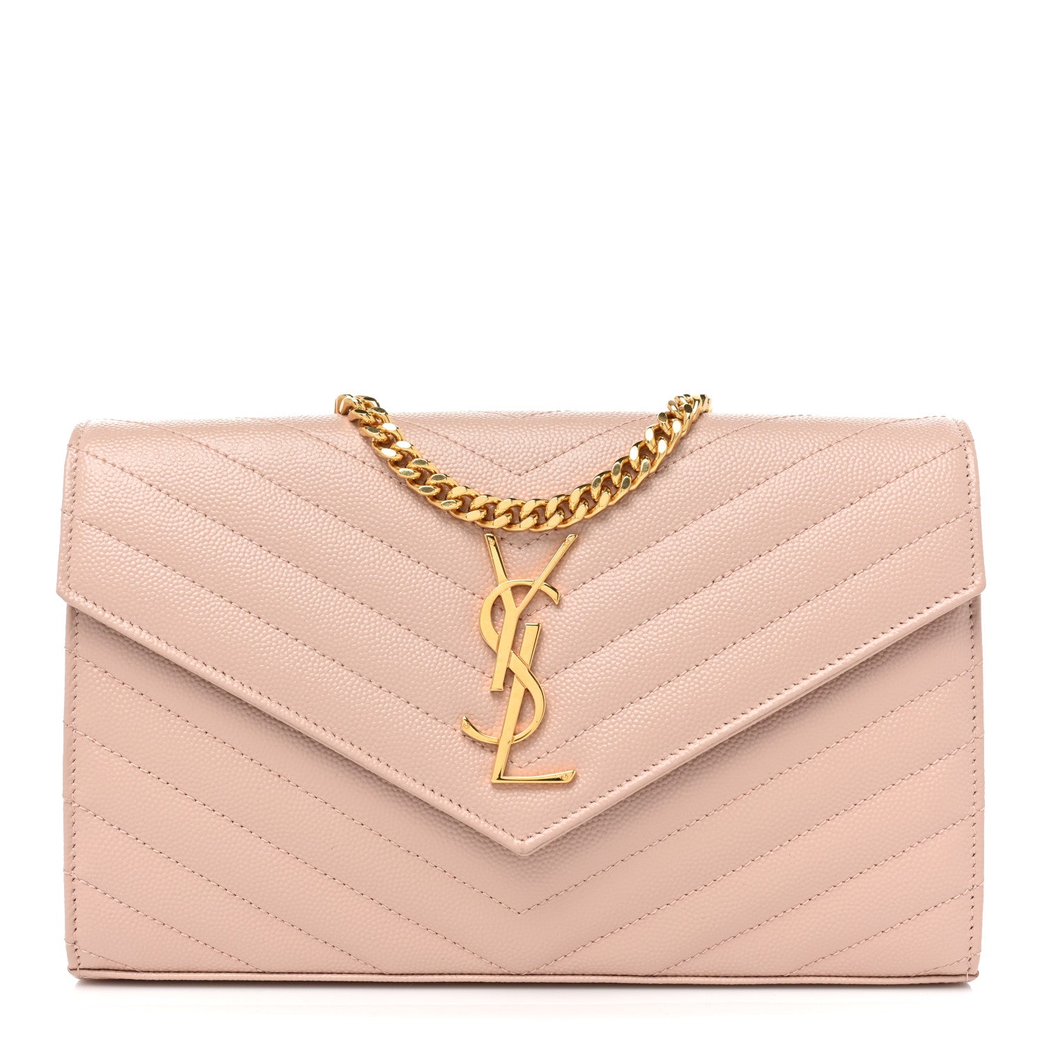 Saint Laurent Grain De Poudre Matelasse Chevron Monogram Chain Wallet Pale Pink 1 of 9