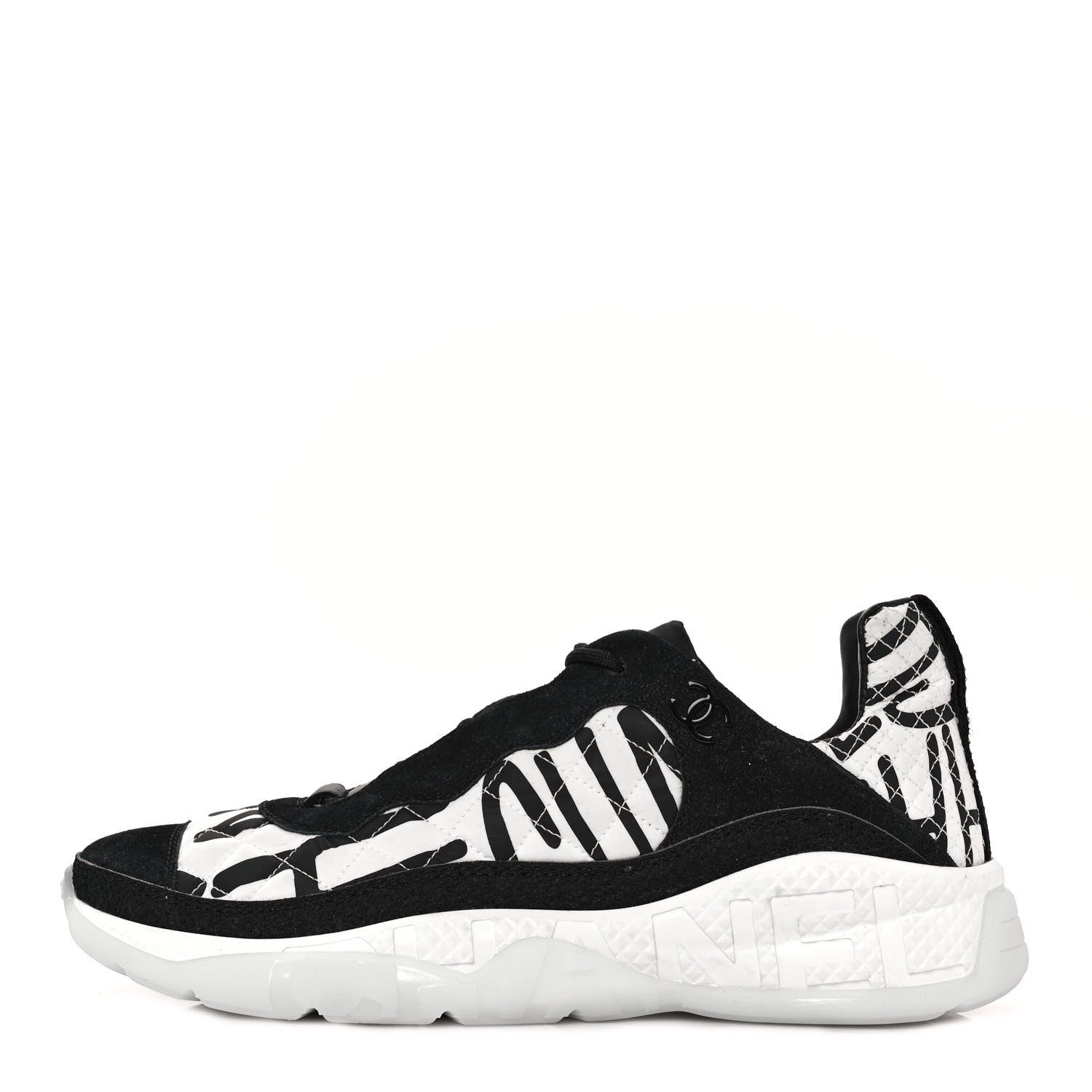Chanel Nylon Suede Calfskin Printed Sneakers 40.5 White Black 1 of 8
