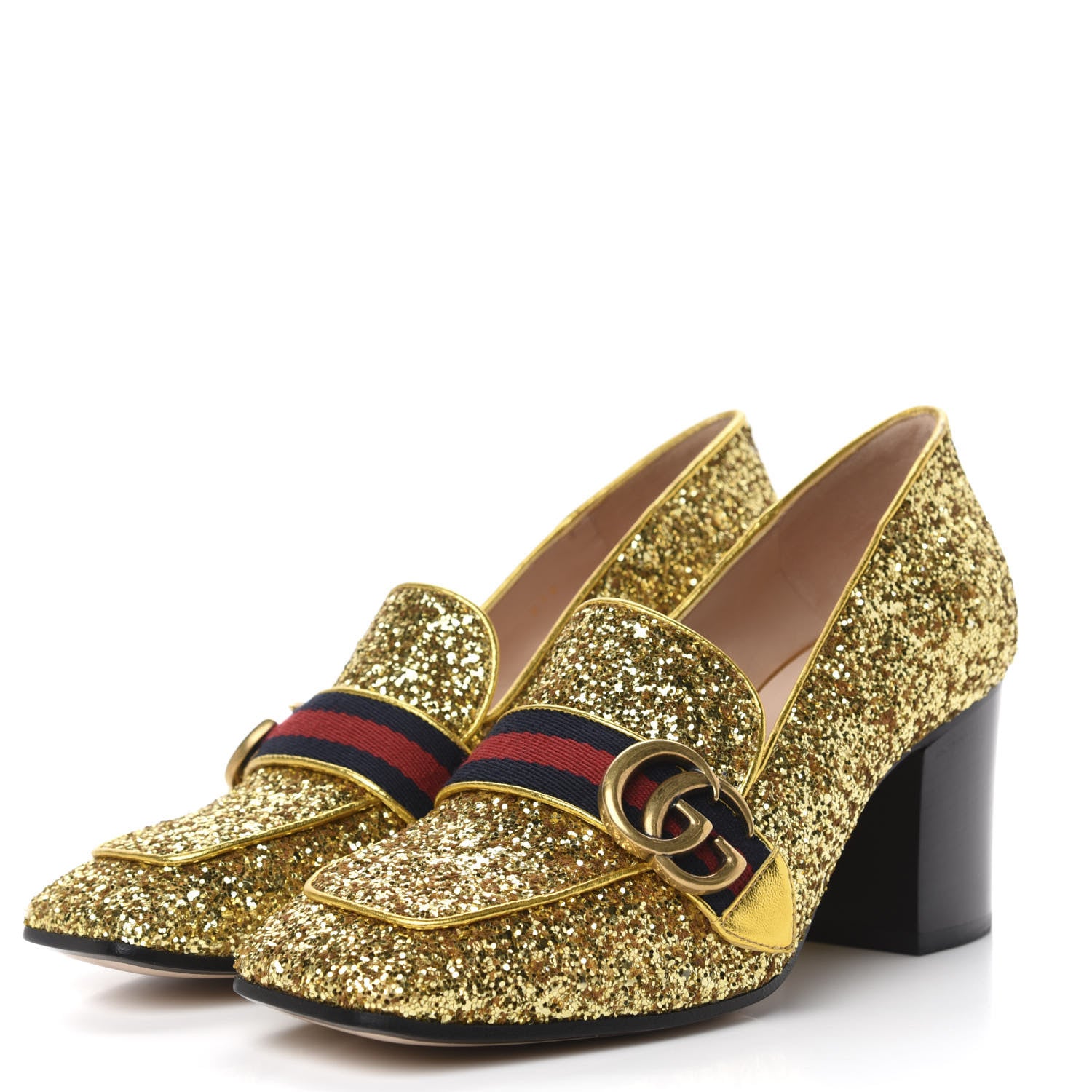 Gucci Glitter Nappa Web Peyton 75mm Loafer Pumps 38 Oro Vecchio 3 of 10