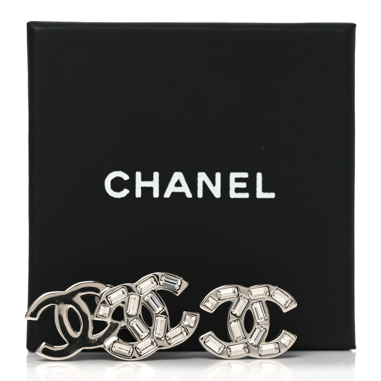 Chanel Baguette Crystal Double CC Earrings Silver 5 of 5
