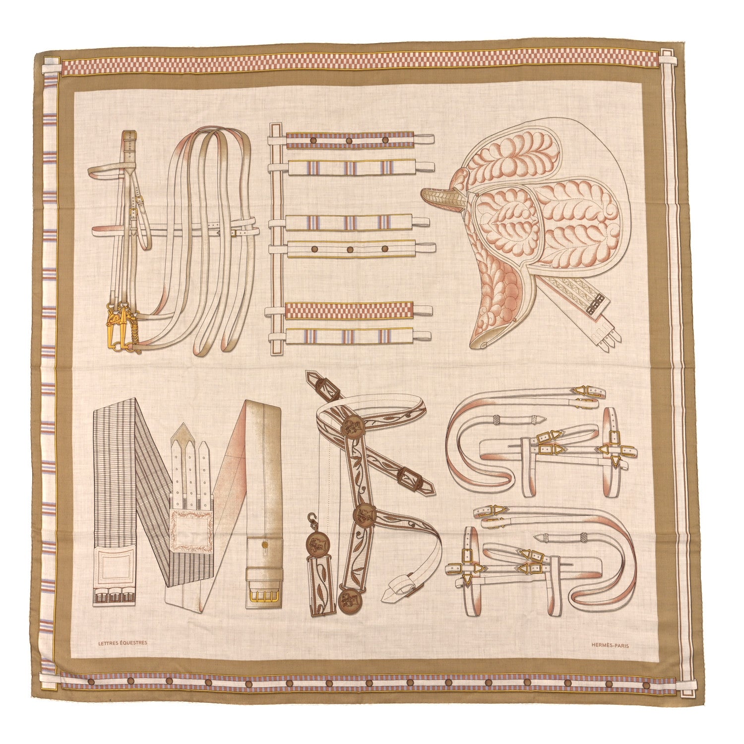 Hermes Cashmere Silk Lettres Equestres Shawl 140 Naturel Beige Rose Poudre 1 of 3