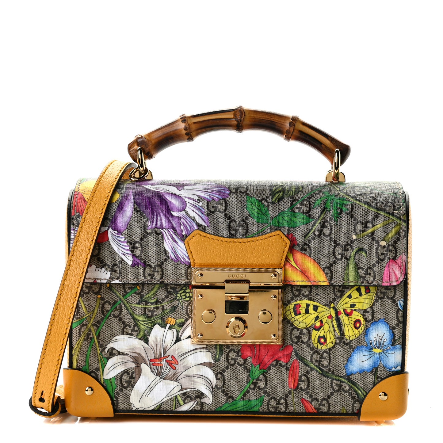GG Supreme Monogram Flora Small Padlock Bamboo Shoulder Bag Beige Multicolor Crop