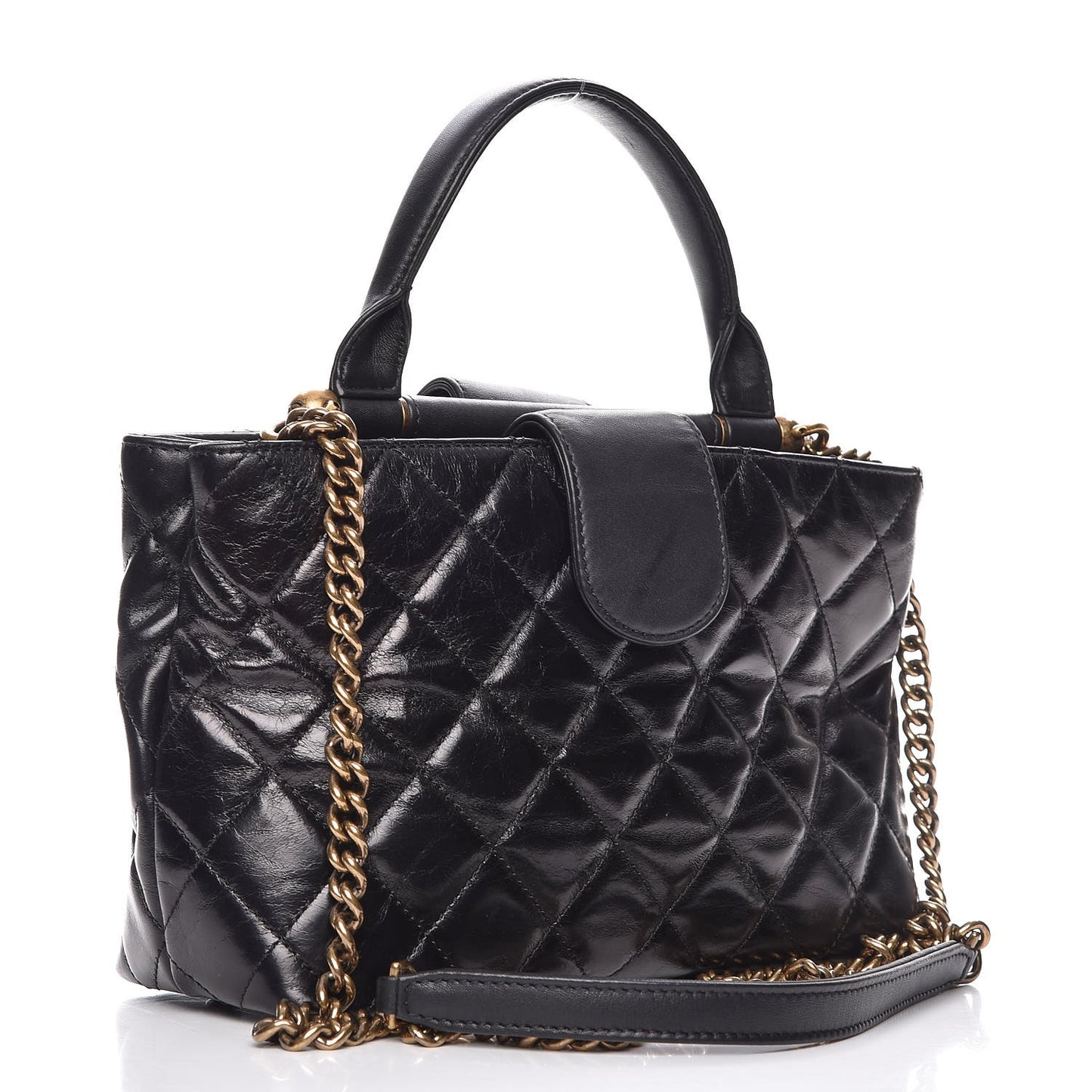 Calfskin Quilted Small Gold Bar Top Handle Tote Black