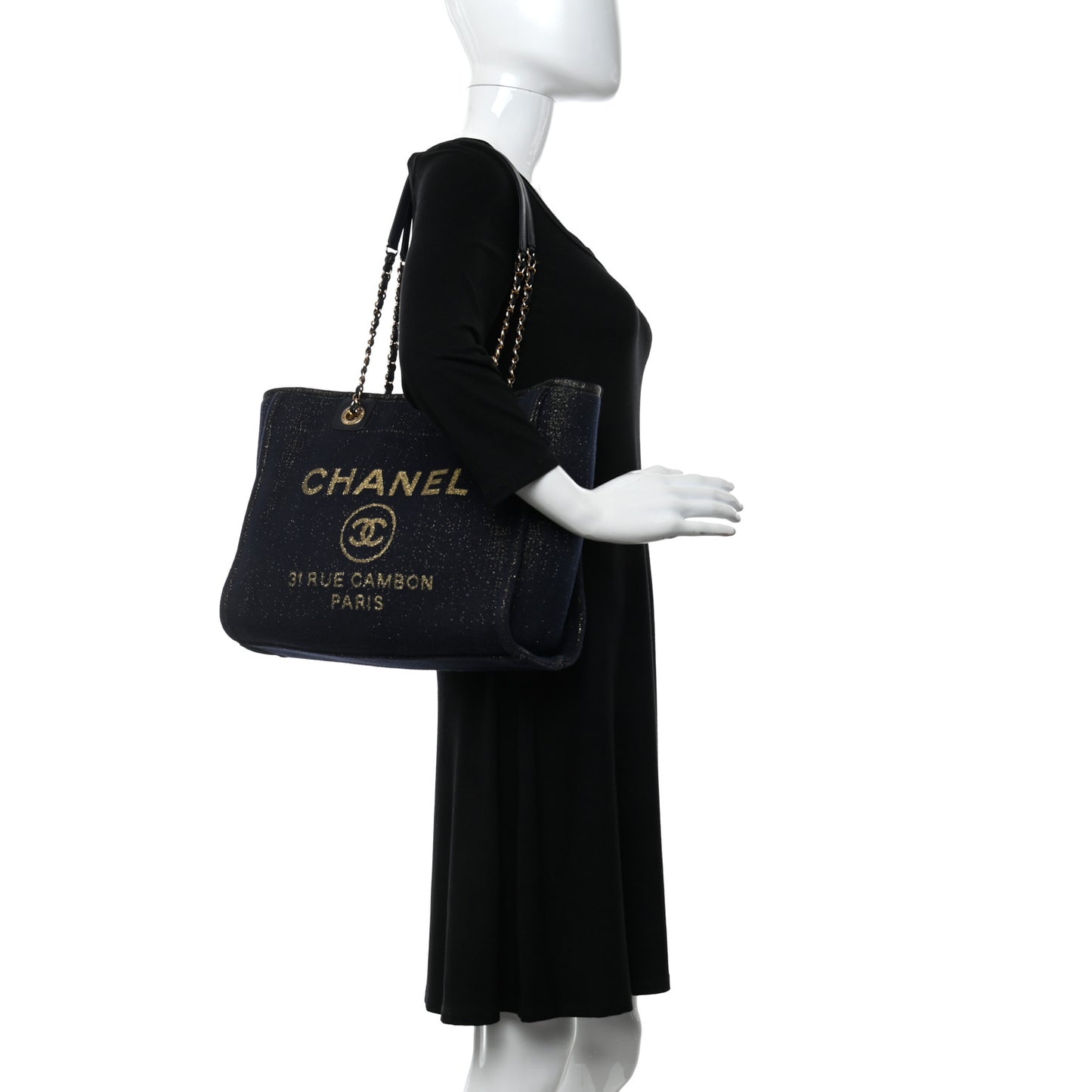Lurex Canvas Small Deauville Tote Navy Blue Gold