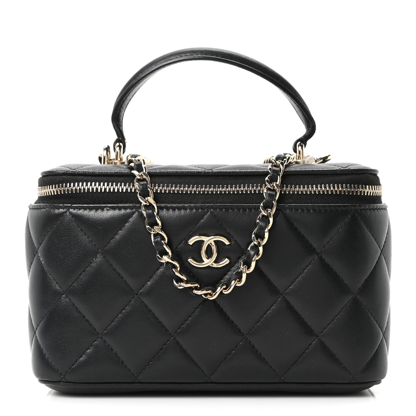 Lambskin Quilted Small Top Handle Vanity Case With Chain Black