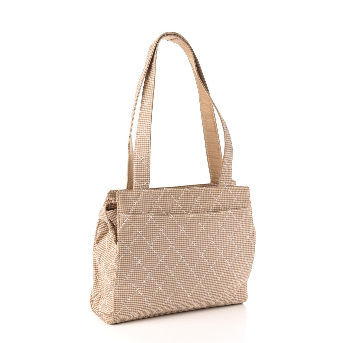 Toile Gingham Quilted CC Tote Shoulder Bag Beige
