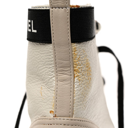 Chanel Pearly Calfskin Patent Calfskin Quilted Lace Up Boots 37.5 White Light Gray Black 12 of 12
