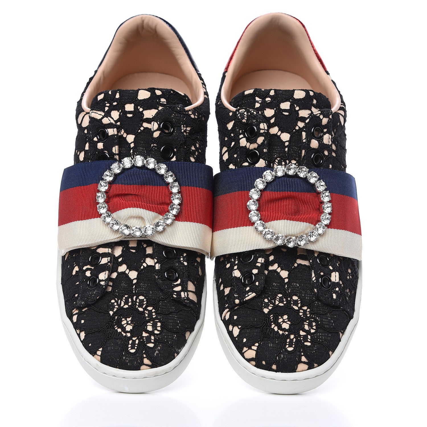 Gucci Lace Crystal Sylvie Web Flower Leaf Womens Ace Sneakers 34.5 Black Tan Beige 6 of 10