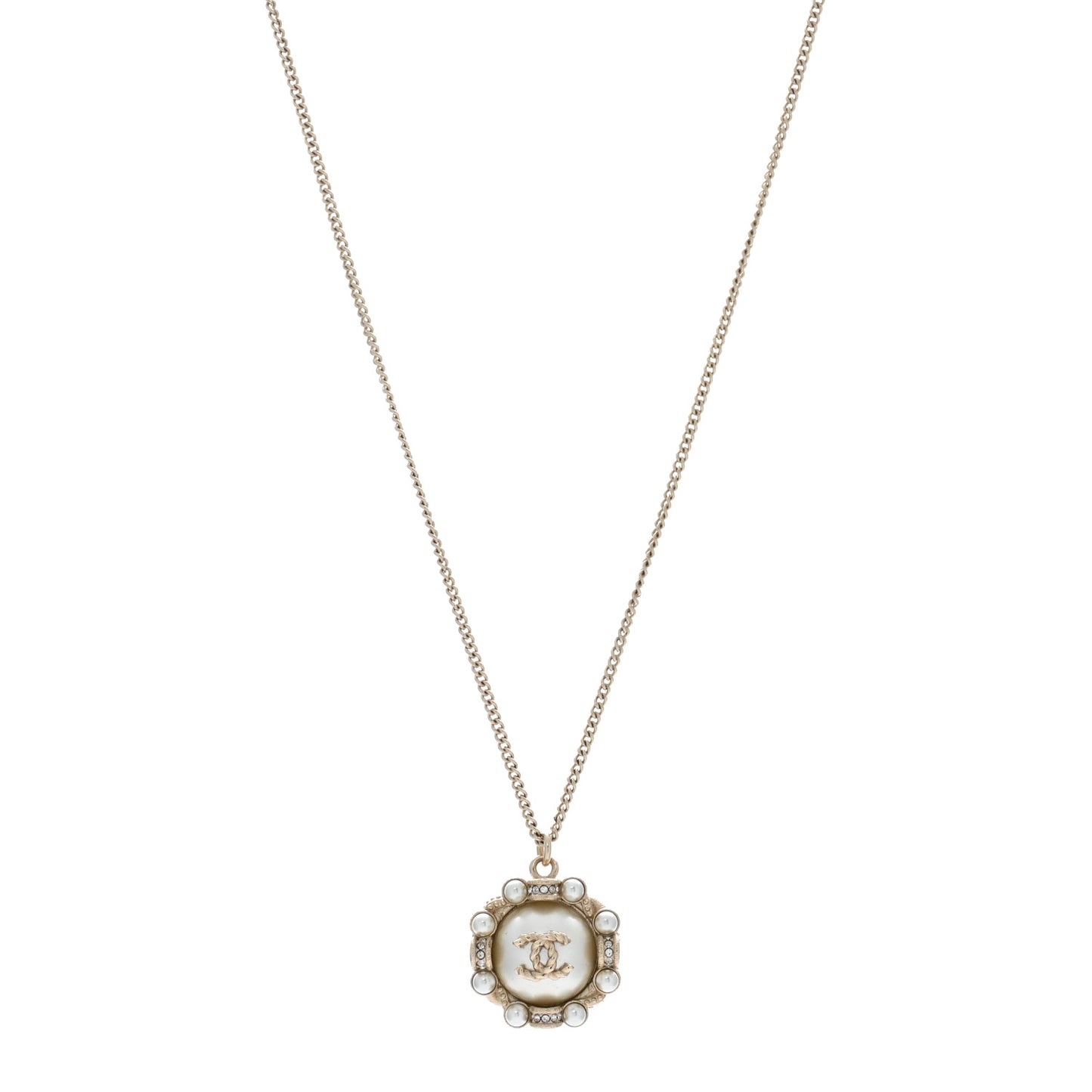 Pearl Crystal CC Pendant Necklace Gold