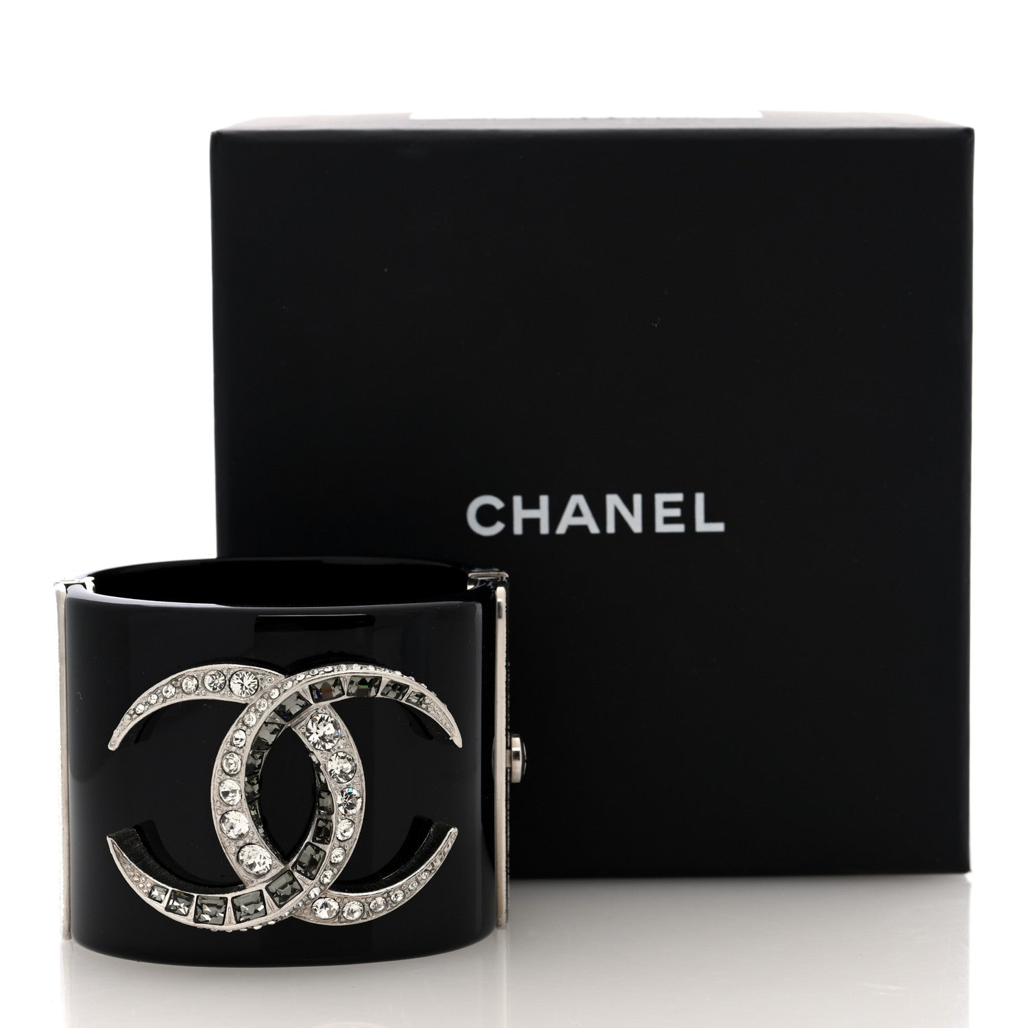 Chanel Resin Baguette Crystal Dubai CC Cuff Bracelet Black Silver 5 of 5