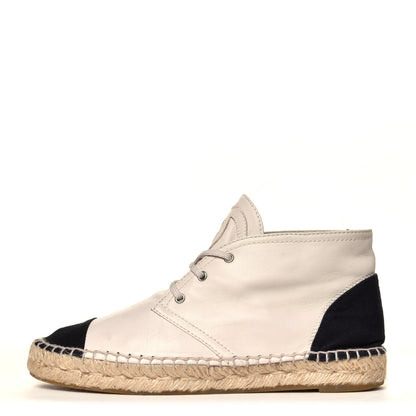 Chanel Lambskin Canvas Cap Toe Lace Up Espadrilles 38 Beige Black 1 of 9