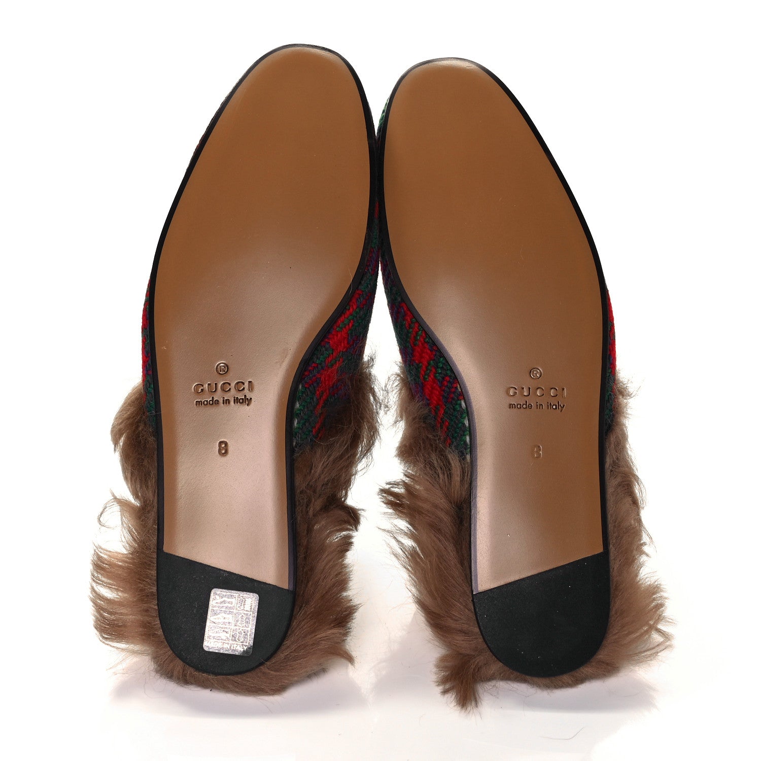 Gucci Tweed Fur Prince Wales Plaid Mens Princetown Slippers 8 Green Blue Red Natural 6 of 8