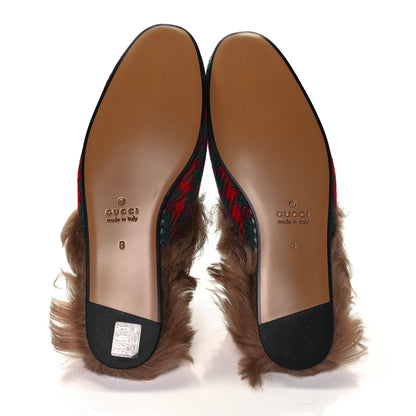 Gucci Tweed Fur Prince Wales Plaid Mens Princetown Slippers 8 Green Blue Red Natural 6 of 8