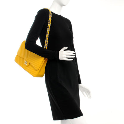 Chanel Caviar Chevron Quilted Jumbo Double Flap Yellow 2 of 8