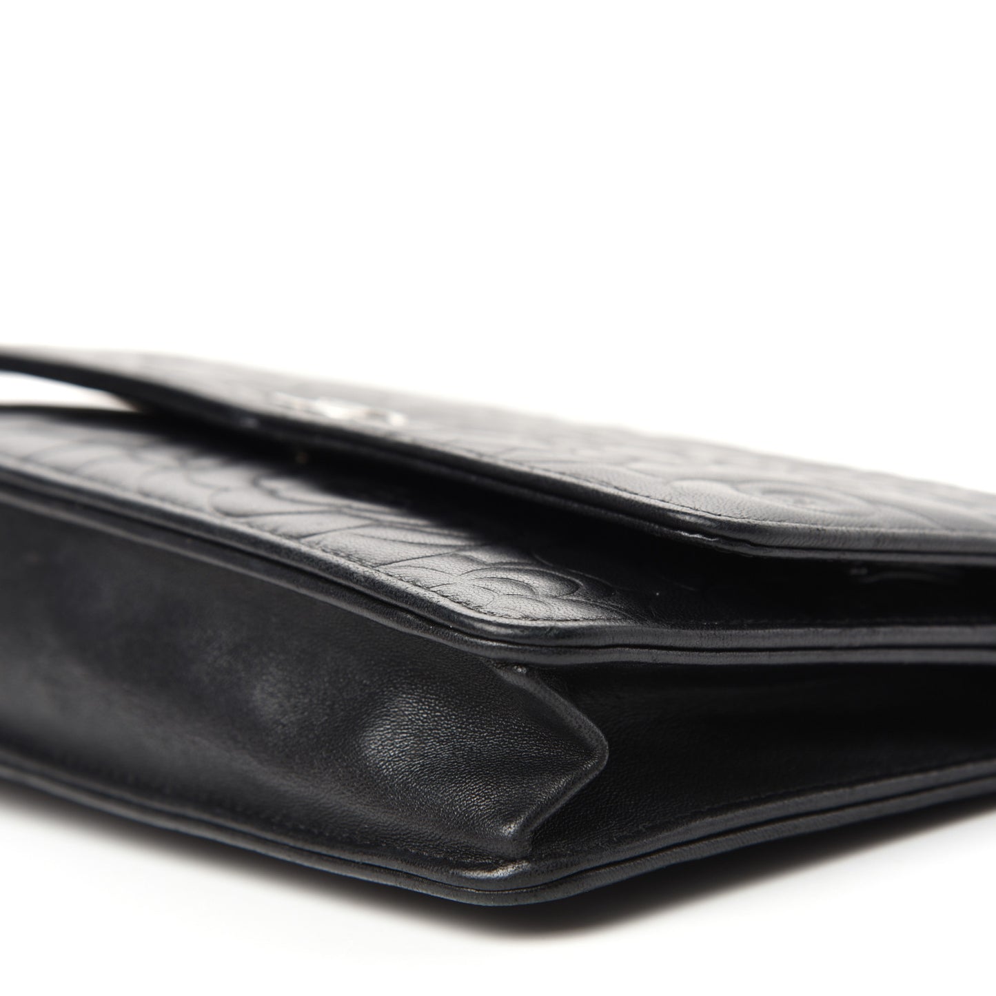 Lambskin Camellia Embossed Wallet on Chain WOC Black