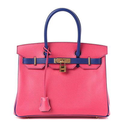 Hermes Epsom Bi Color Horseshoe Birkin 30 Rose Tyrien Bleu Electrique 1 of 8
