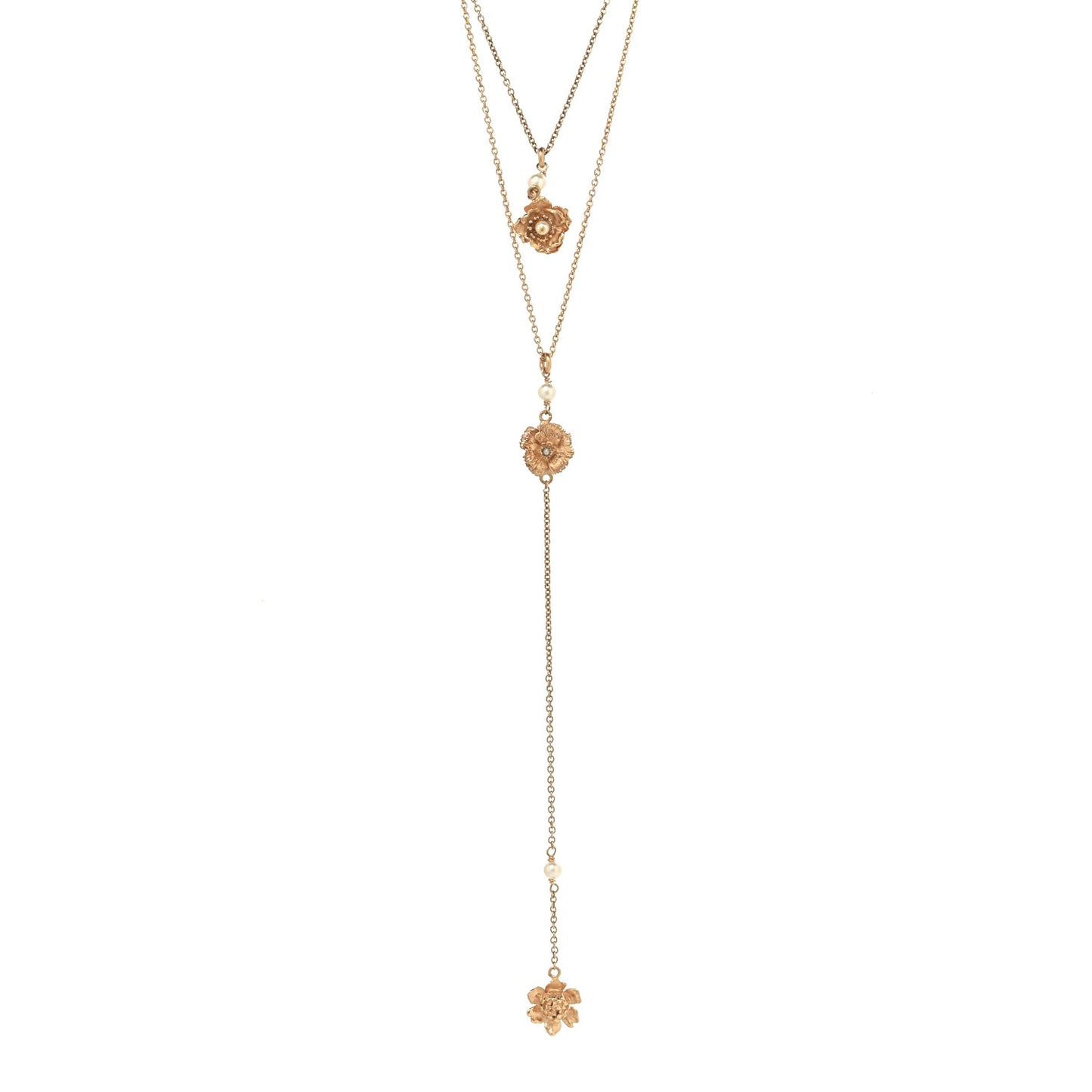 Metal Pearl Flower Double Necklace Rose Gold