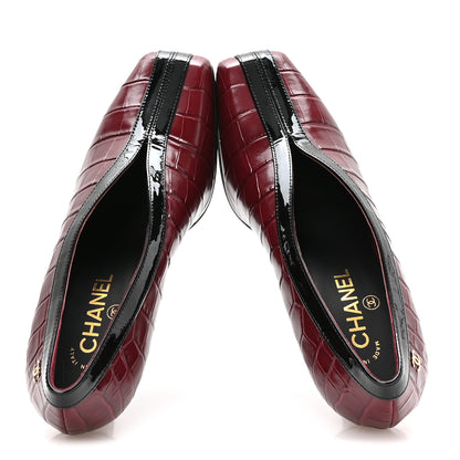 Chanel Crocodile Embossed Patent Calfskin Pumps 39 Burgundy Black 2 of 9